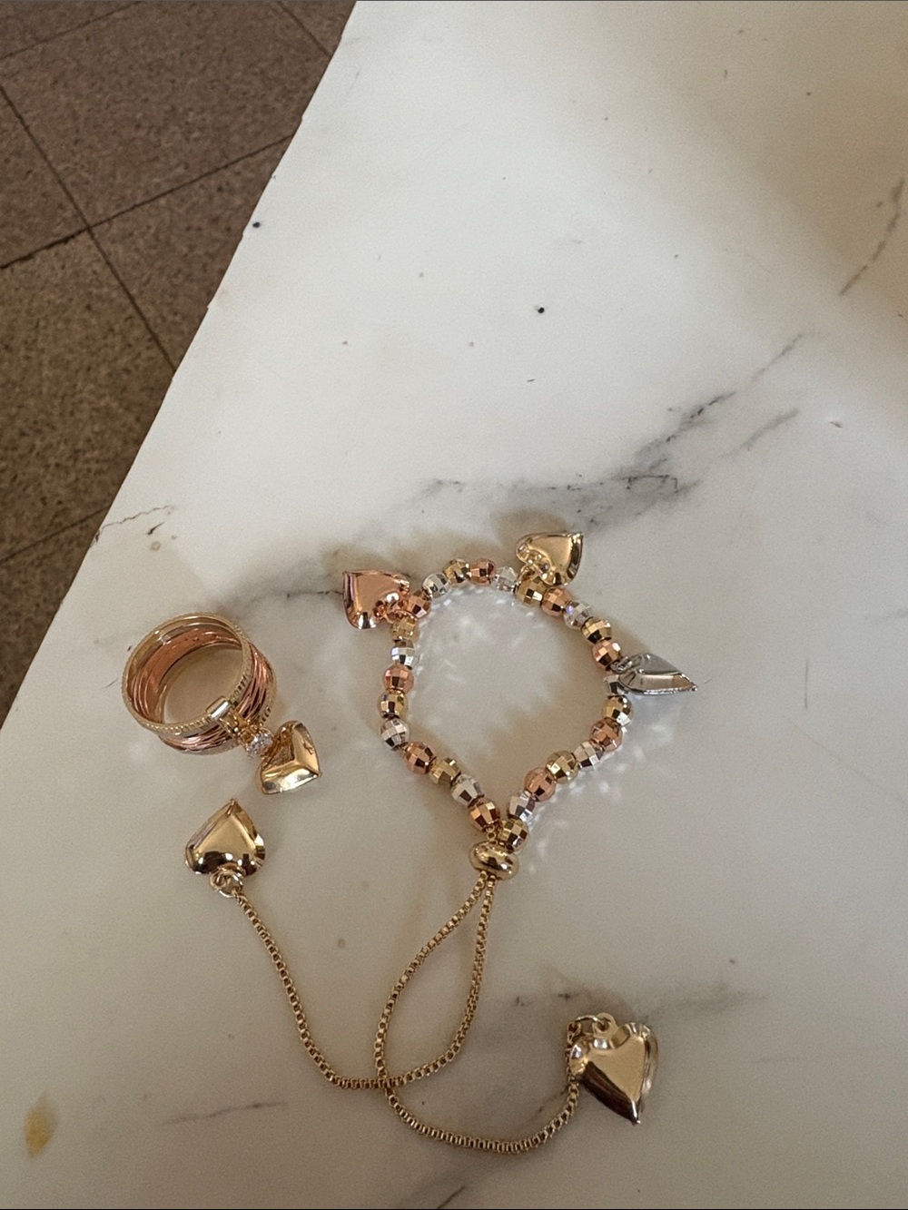 Heart Charm Mixed-Metal Bracelet and Ring Set - Rose Gold & Gold